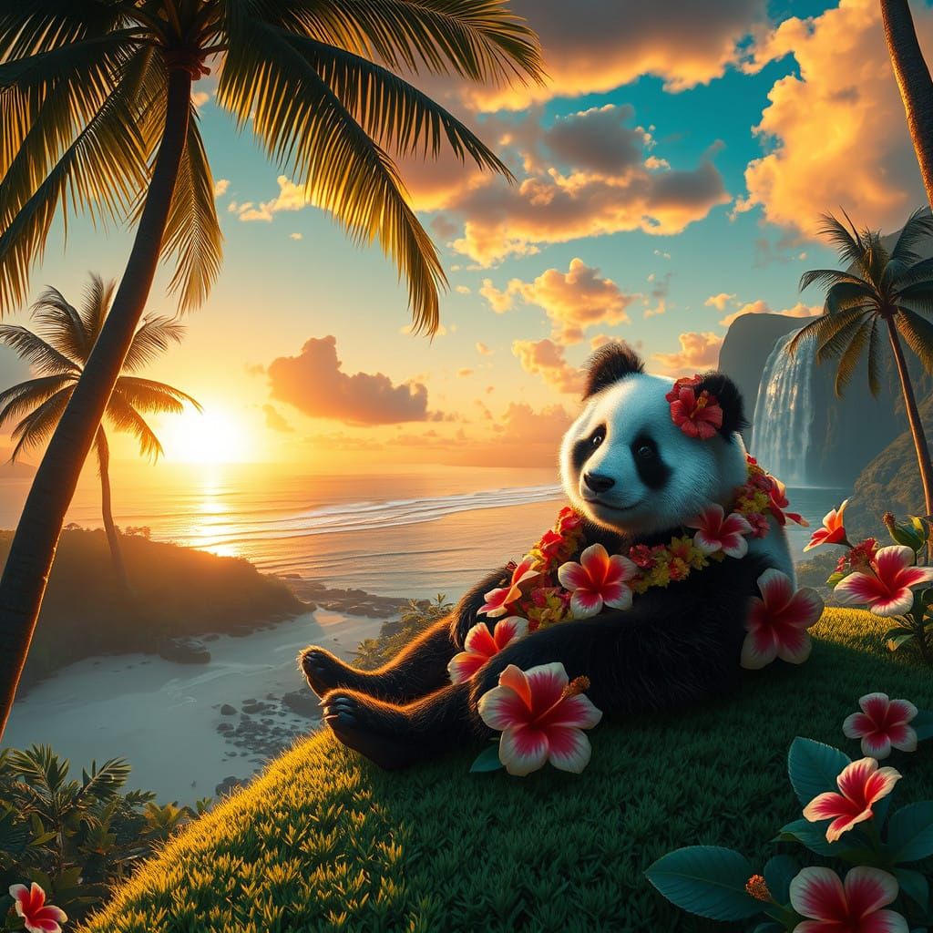 Majestic Panda in Lush Hawaiian Paradise at Sunset