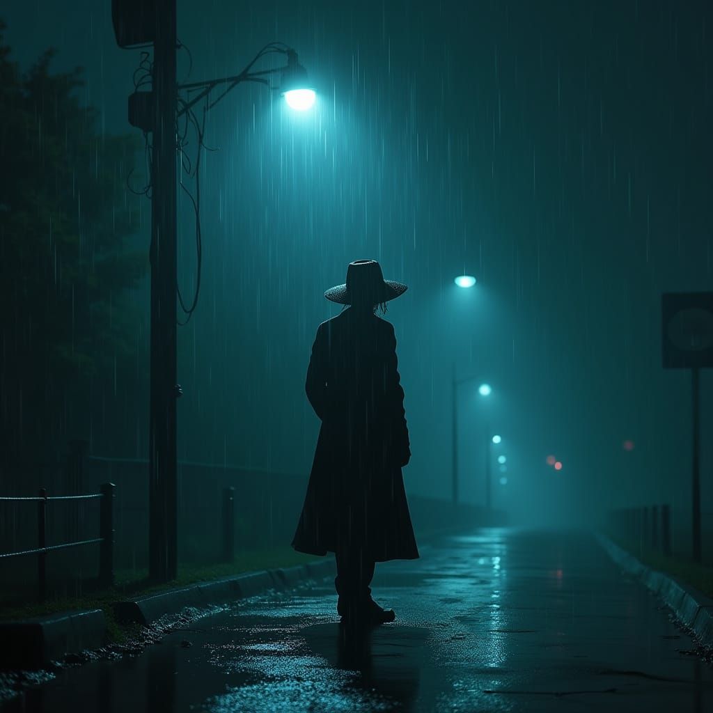 Gothic Nightwatchman in Rainy Cityscape