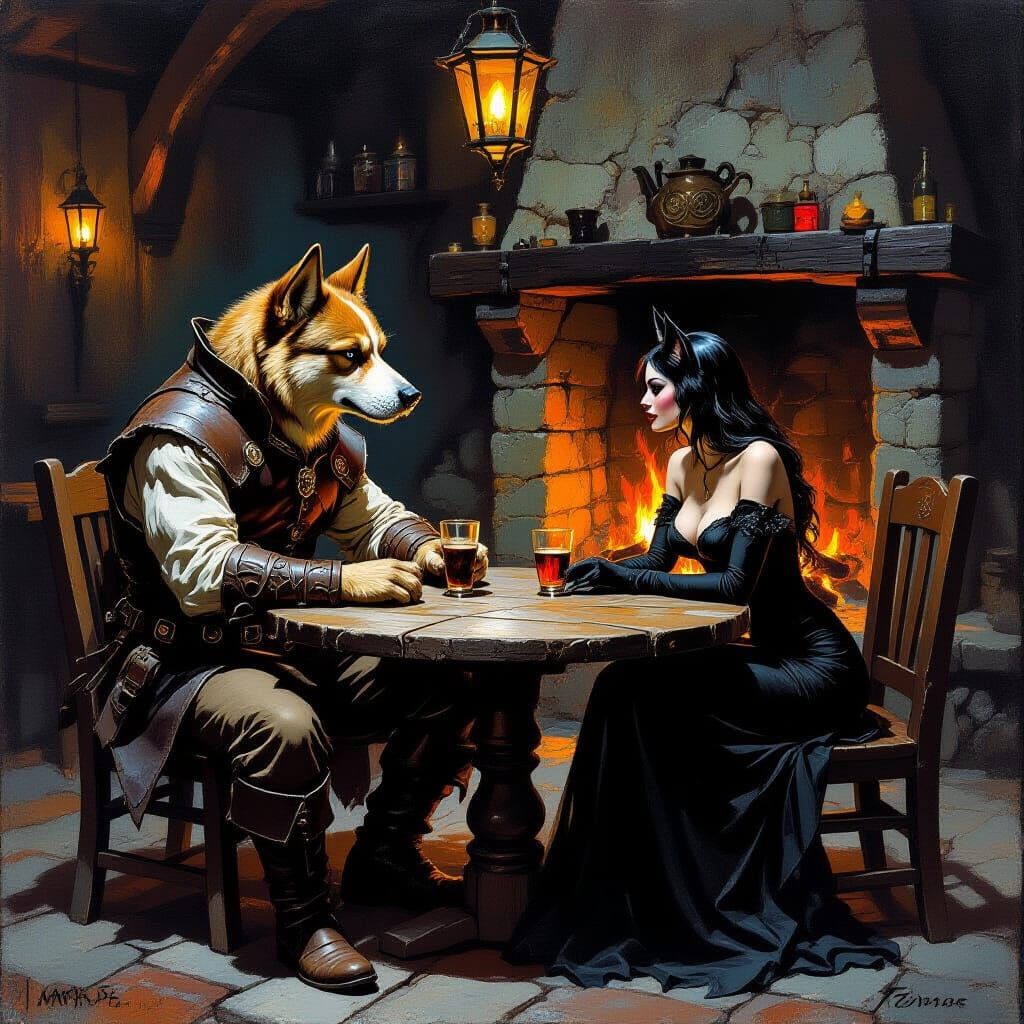 Dog-Man and Cat-Woman in Dimly Lit Tavern