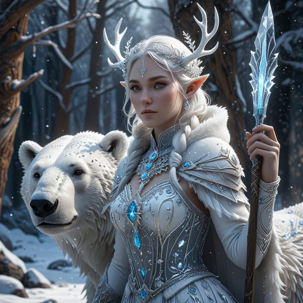 Regal Elf Rides Majestic Polar Bear in Icy Winter Wonderland