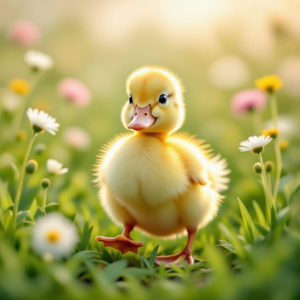 Fluffy Duckling in Wildflower Meadow