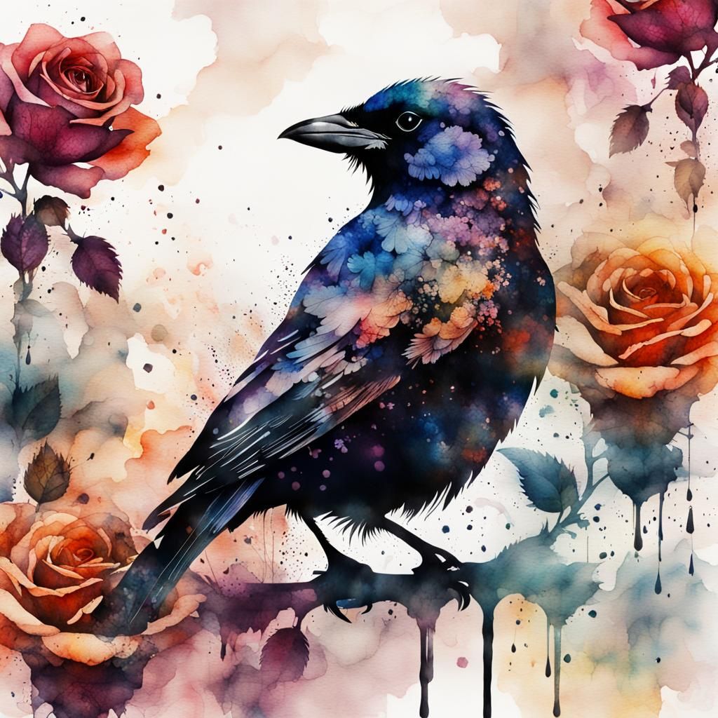 Rose Bird Double Exposure Watercolor Ink Art