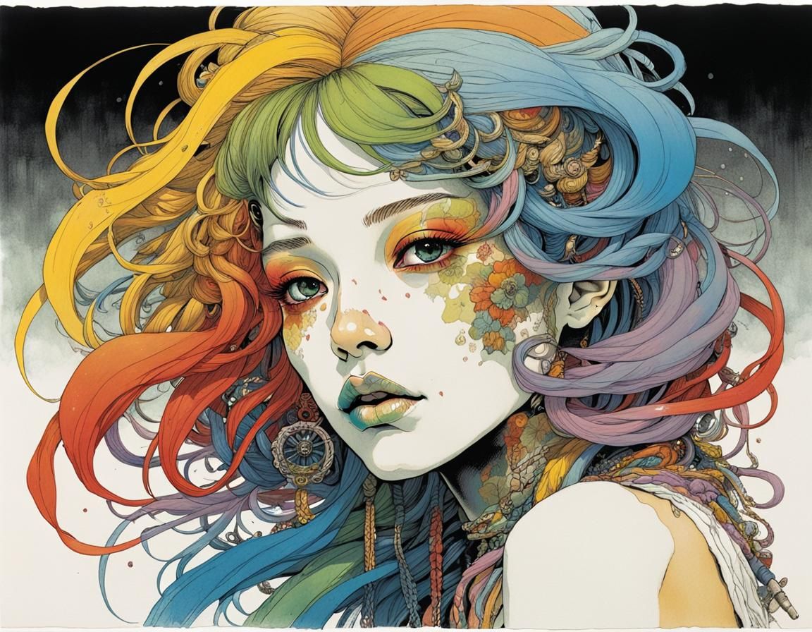 Rainbow Hair Portrait in Manga Style