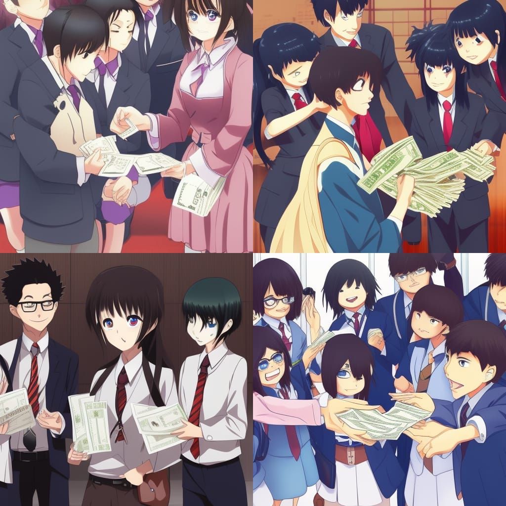 Two executives hand money to a teacher and students