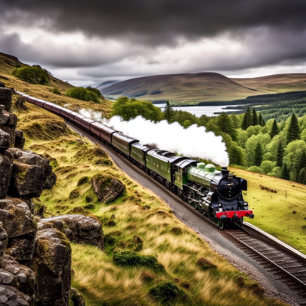 Flying Scotsman in the Scottish Highlands: Hyperrealistic