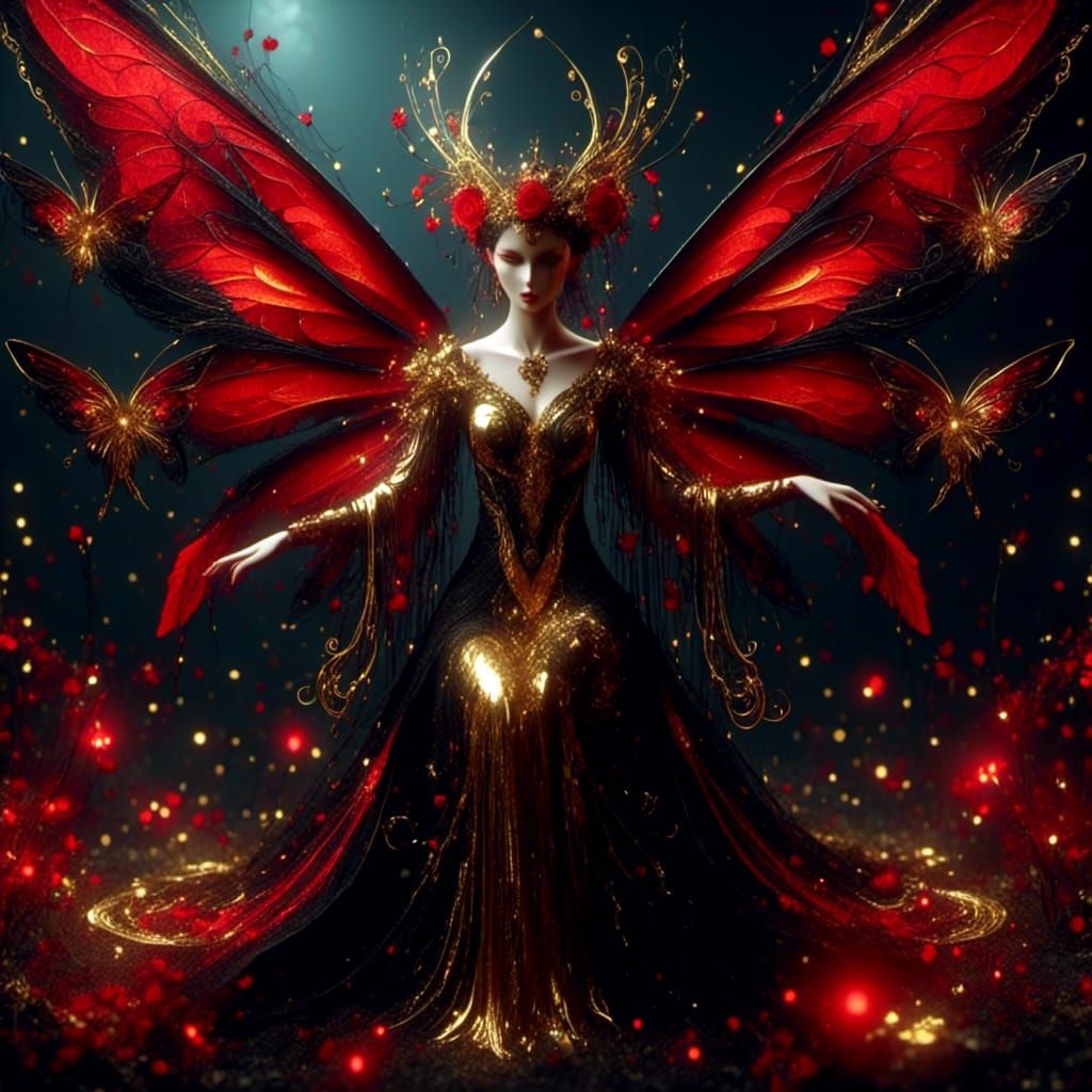 Female winged fairy, gold, red and black <lora:Surreal Filigrance:1.0>