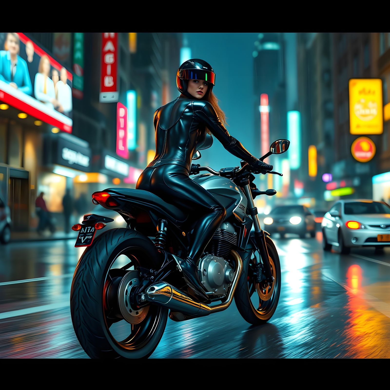 Woman on Motorcycle in City at Night