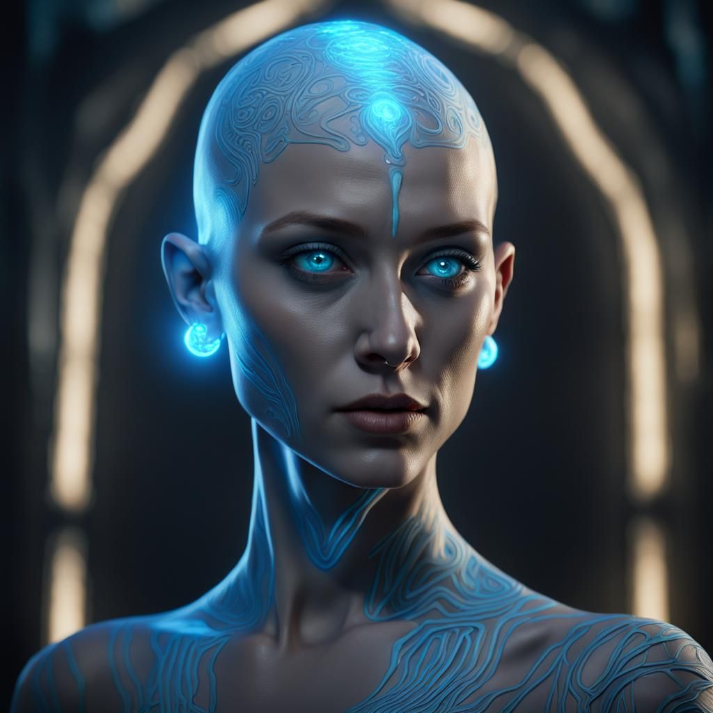 Blue-Skinned Woman in Biomechanical Dark Fantasy