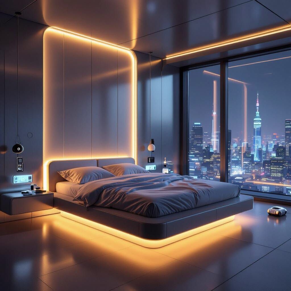 High-Tech Futuristic Bedroom with Neon City View