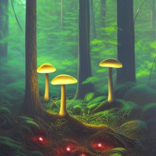 Photorealistic Glowing Mushrooms in Dark Forest Painting