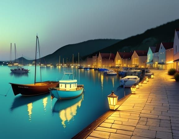 Luminist Harbour at Twilight in Dreamy Watercolour Style