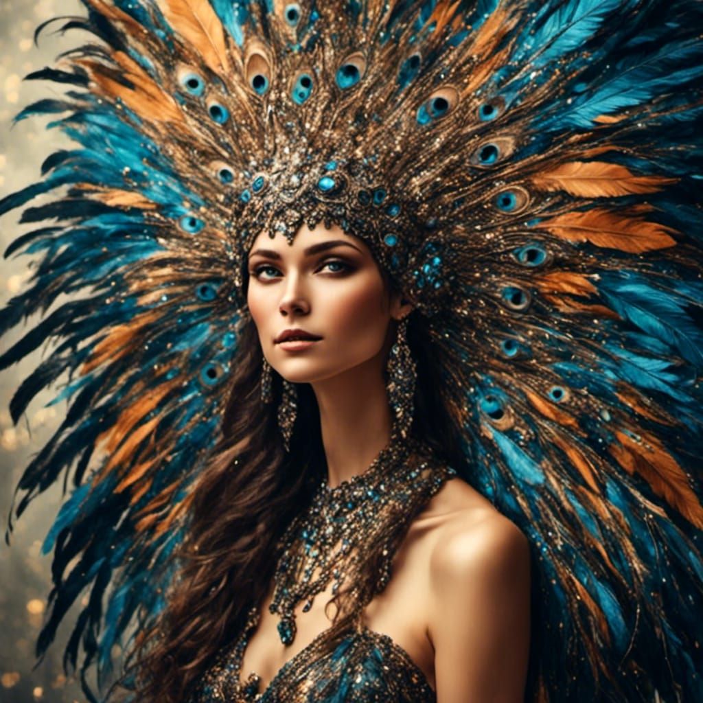 Cosmic Peacock: A Beautiful Woman in Feathers