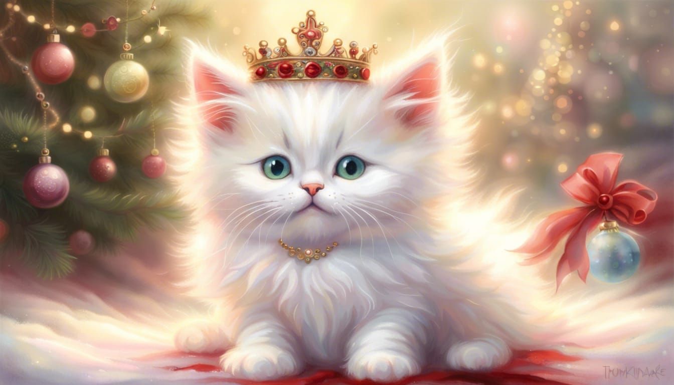 fluffy red and white Kitten wearing tutu with a crown christ...