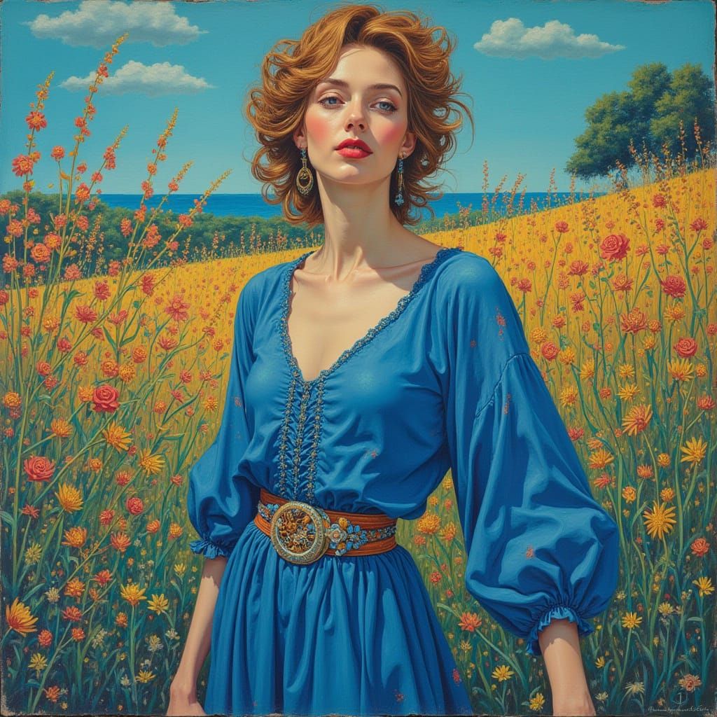 Elegant Woman in Serene Landscape: Art Nouveau Style