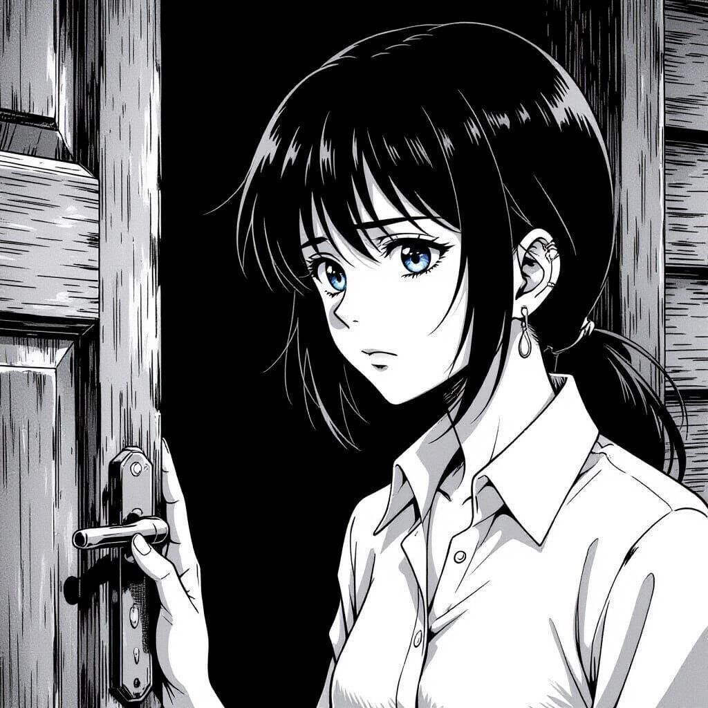 Anime Manga Panel: Concerned Figure at Silent Door
