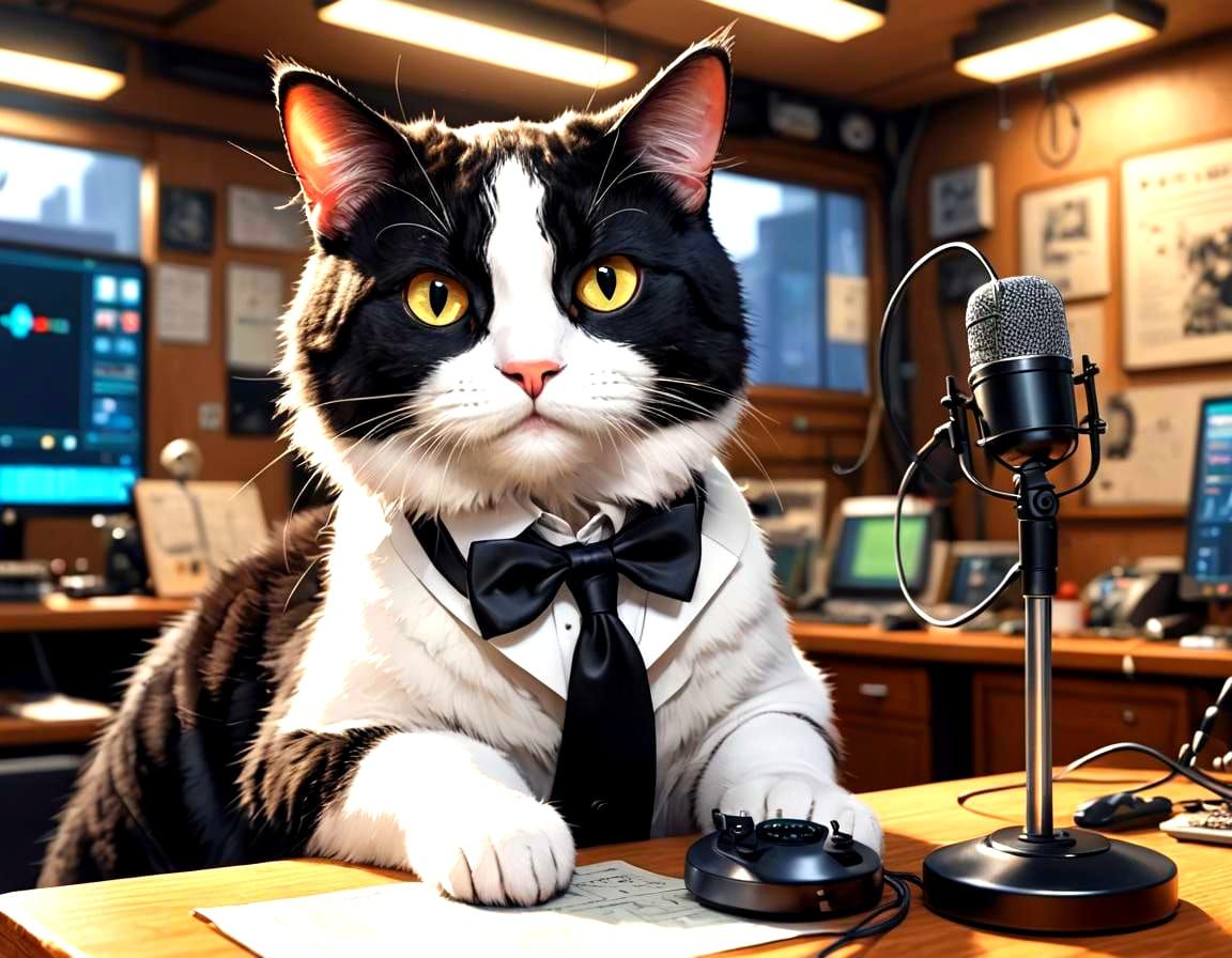 Tuxedo Cat Broadcaster in Anime Style