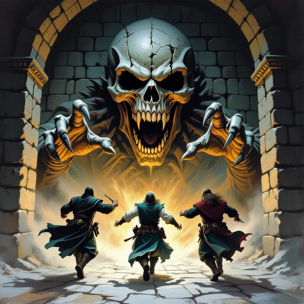 Adventurers Flee a Demonic Stone Wall in Dungeon