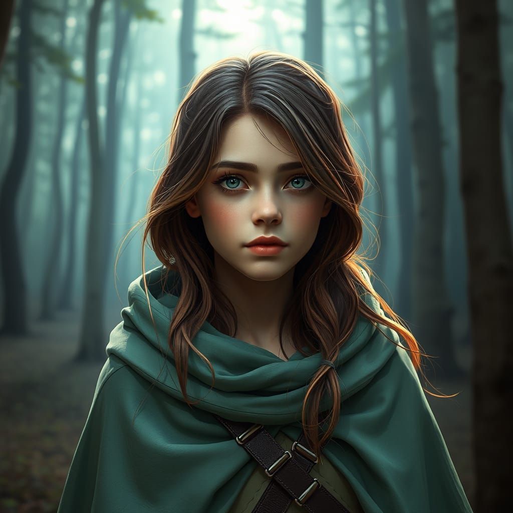 Misty Woods Portrait: Young Woman in Green Cape