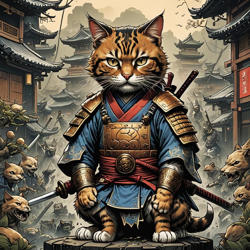 Samurai Cat in Comic Book Art Style