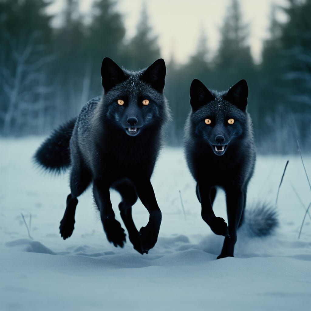 Fluffy Black Foxes in Cinematic Winter Wonderland
