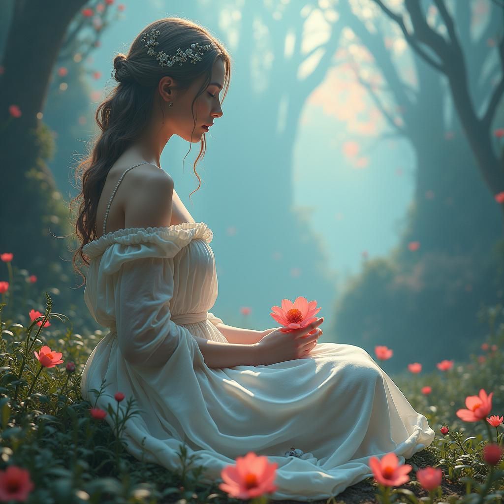 Ethereal Feminine Figure in Mystical Fantasy Setting