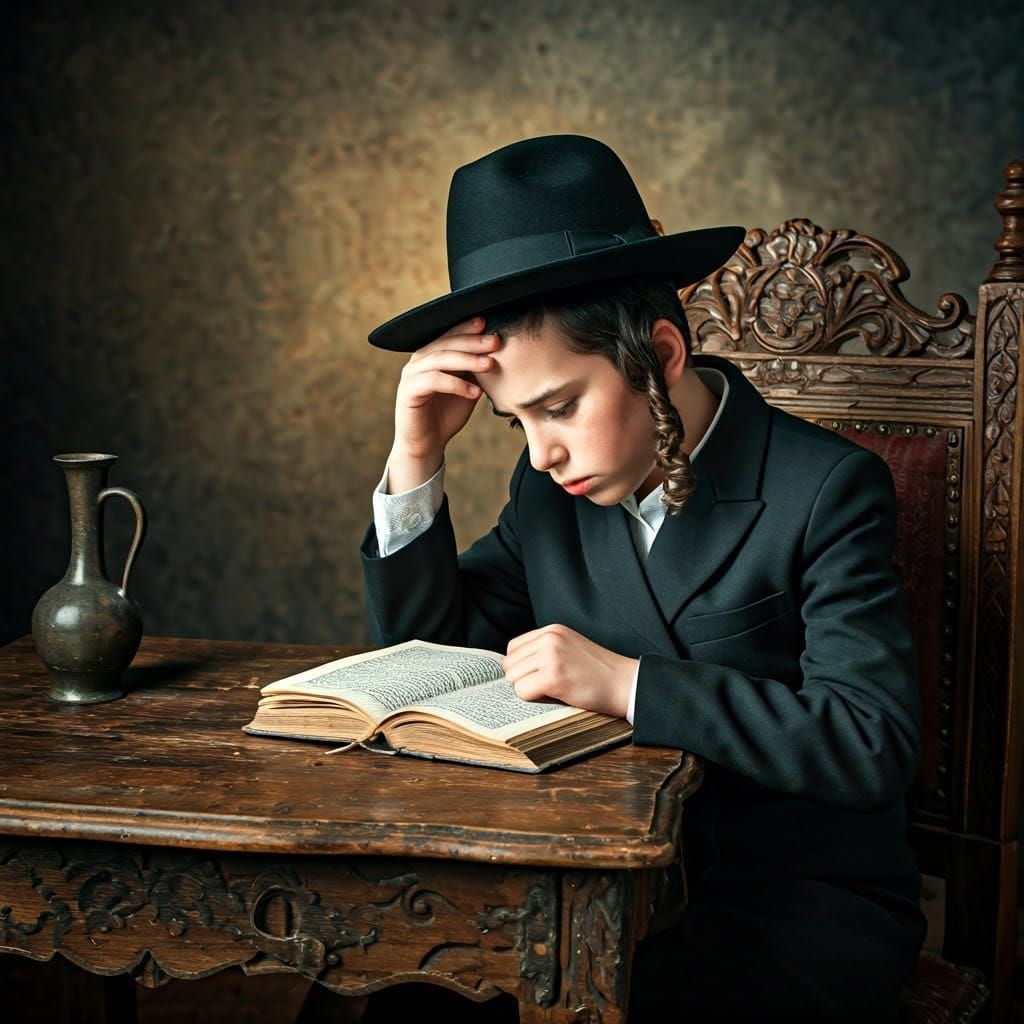 Boy Contemplating Hebrew Text in Rembrandt Lighting