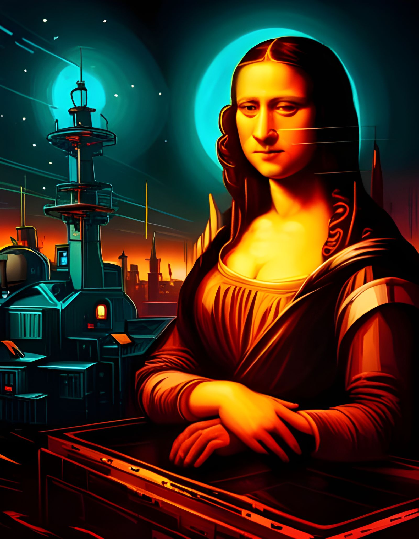 Atompunk Mona Lisa in Hyperdetailed Pop Art Style