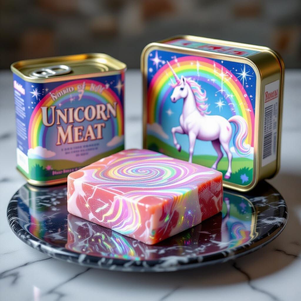 Promotional Photo: Canned Unicorn Meat on Obsidian Plate