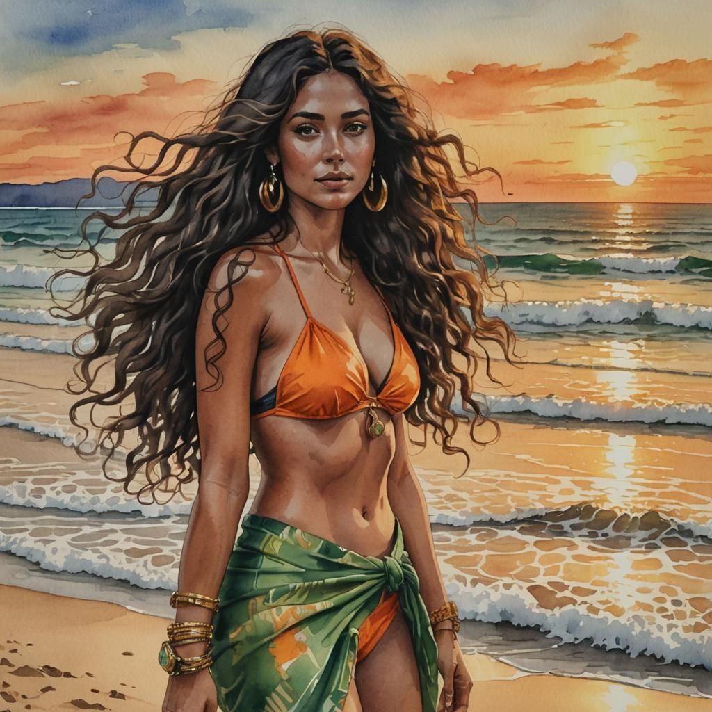 Girl Watching Sunset on Beach in Watercolor Style