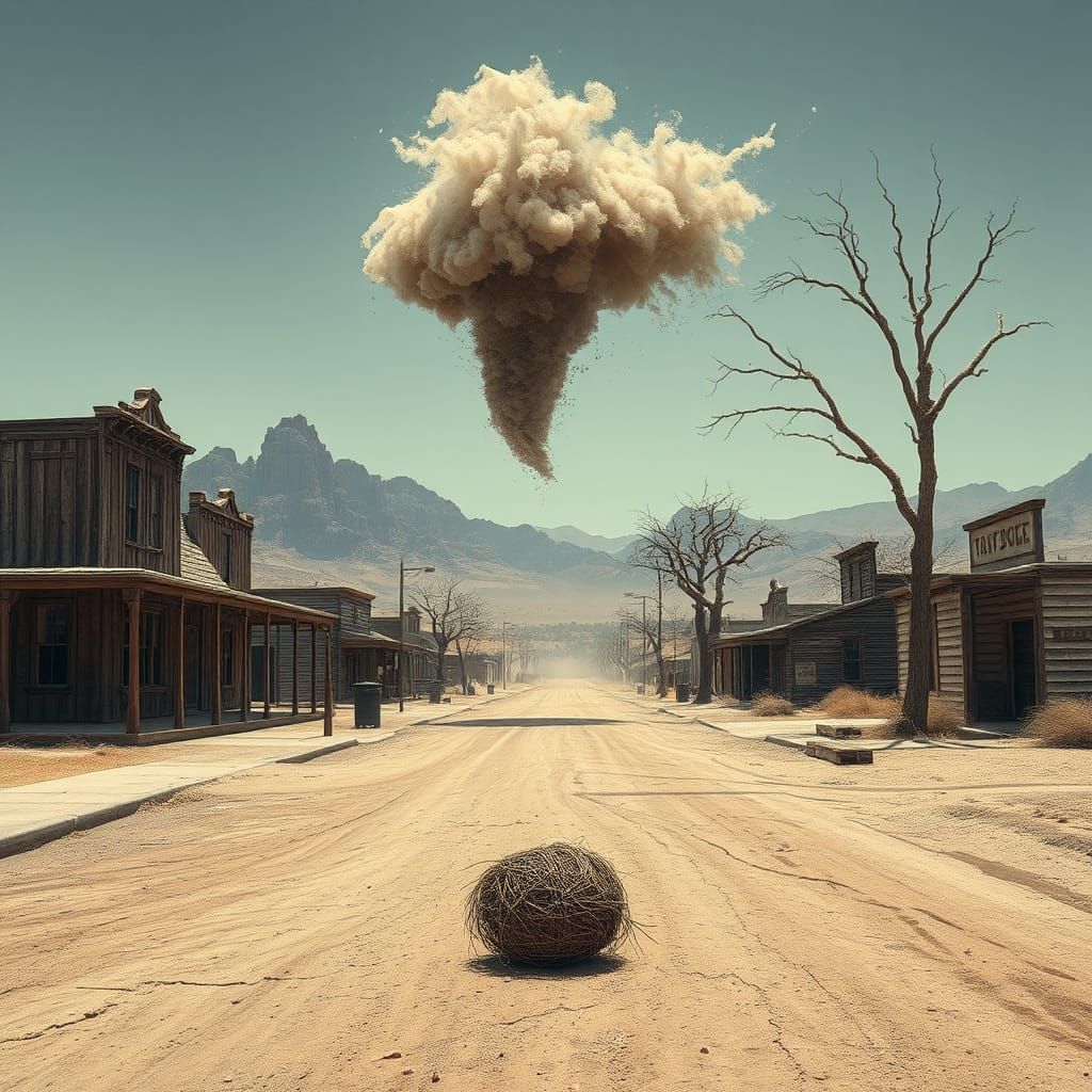 Dystopian Ghost Town Landscape with Dust Devil