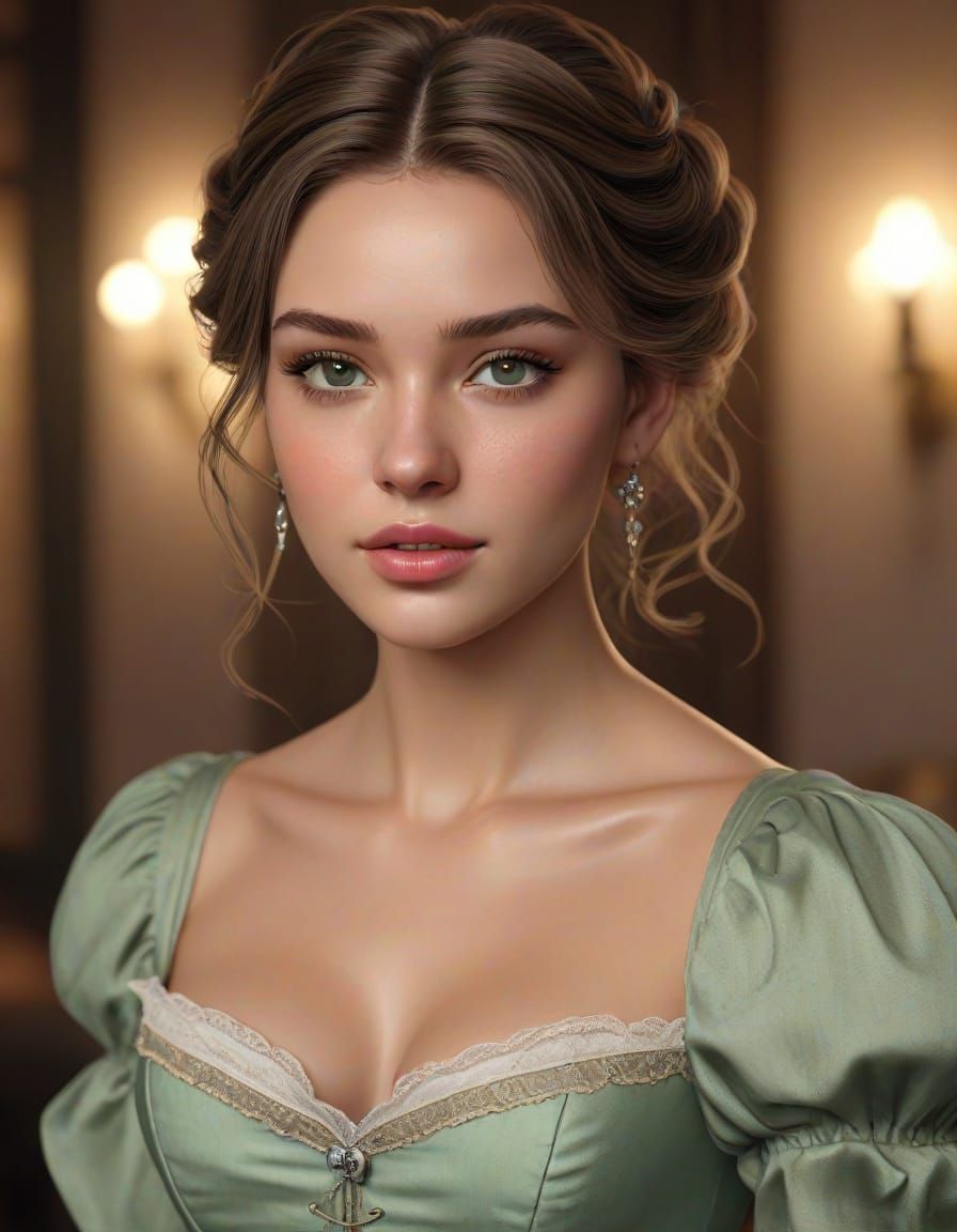 Elegant Young Woman Portrait with Green Eyes in Soft Pastels