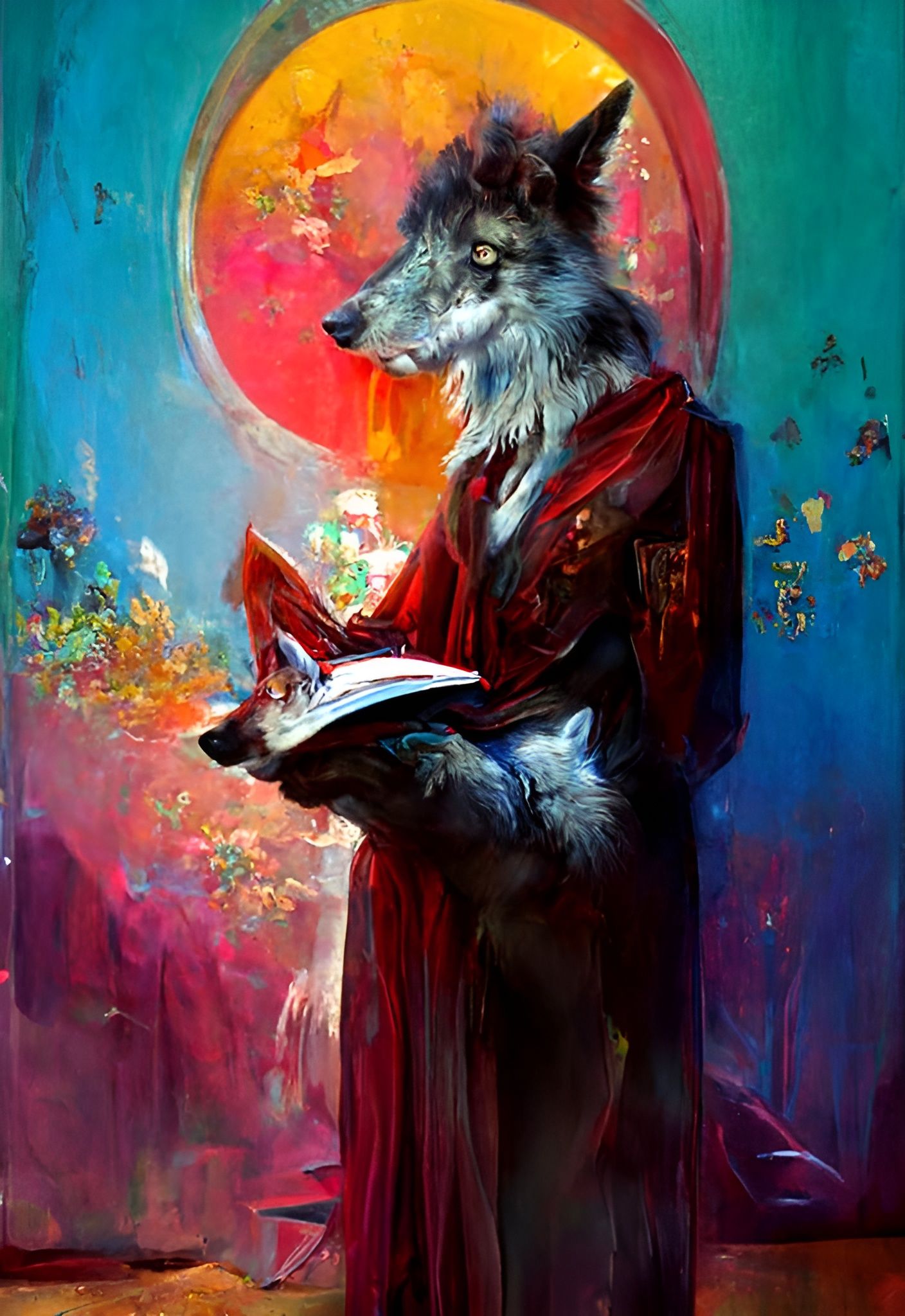 Noble Wolf Reads Grimoire in Oil Painting Style