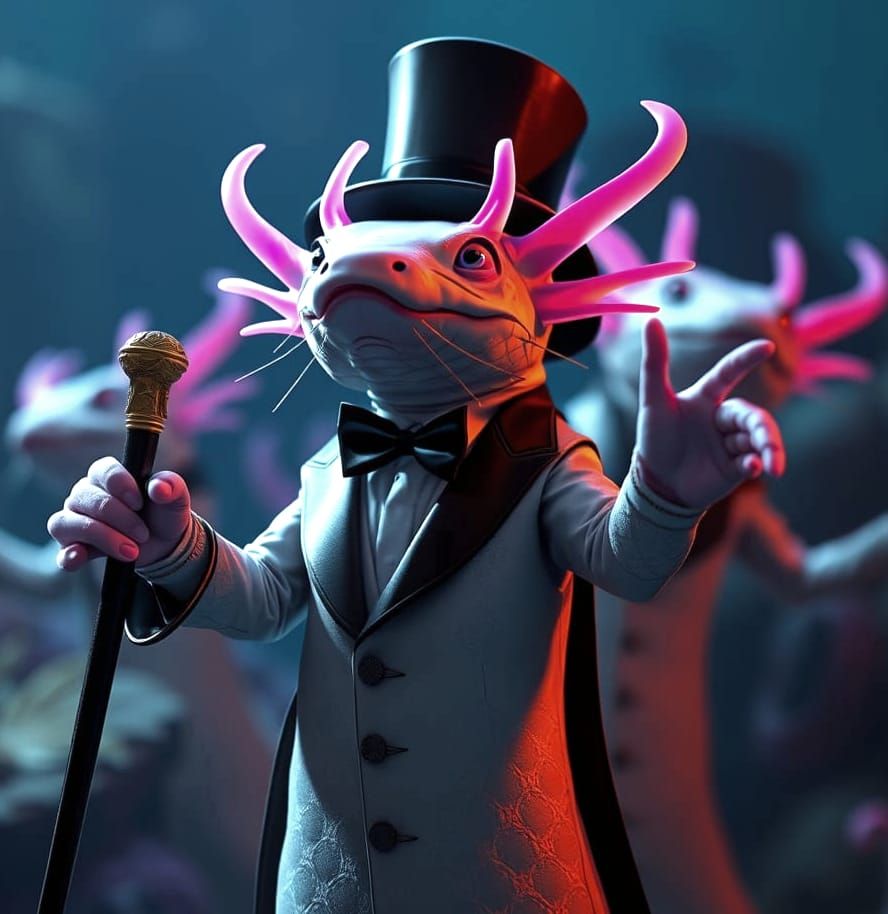Dark Fantasy Axolotl in Tuxedo, Coral Reef Masterpiece