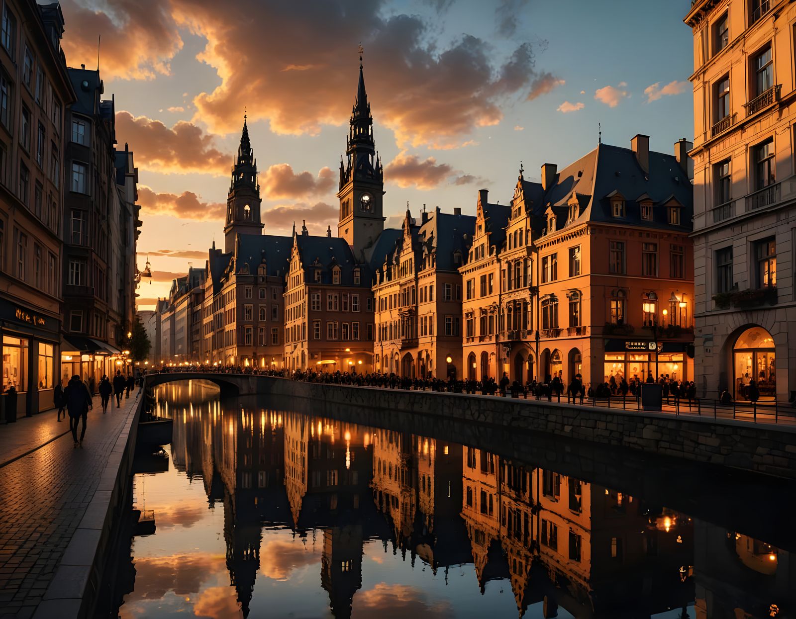 Surreal Sunset Over Bustling European City