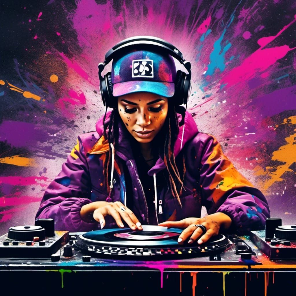 Vibrant Street Art of Female DJ in Action