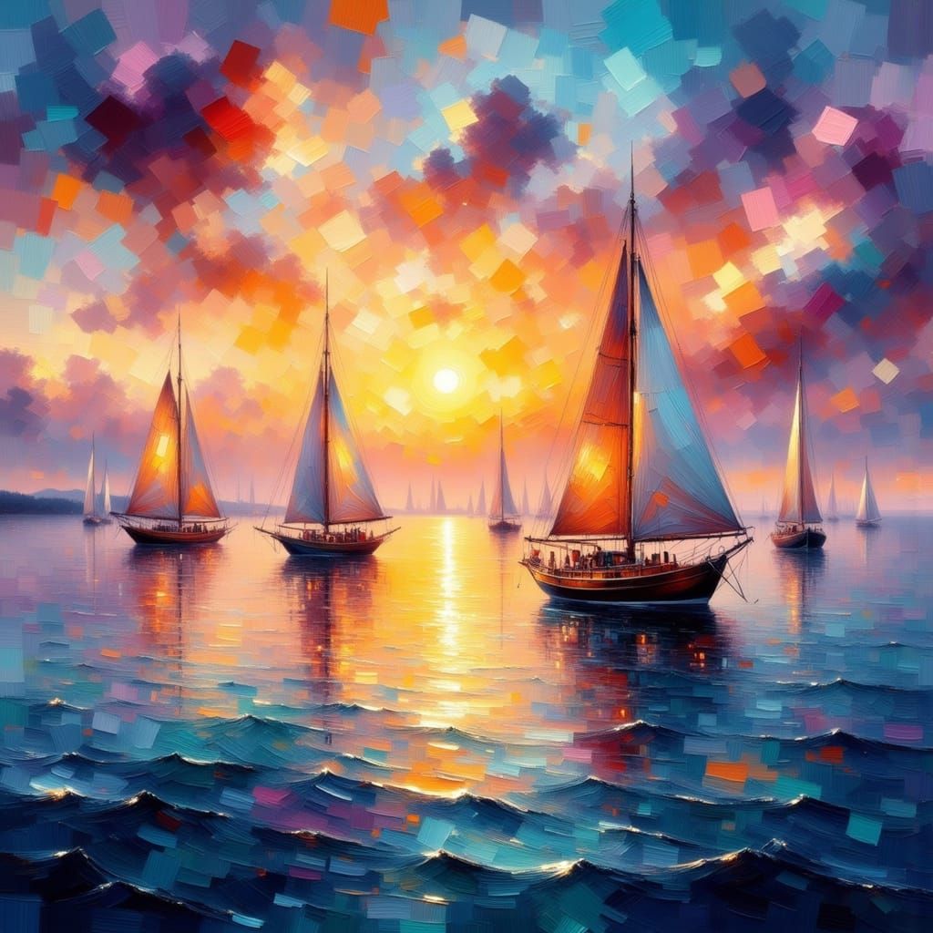 Seascape with Sailing Boats at Sunset in Turner Style