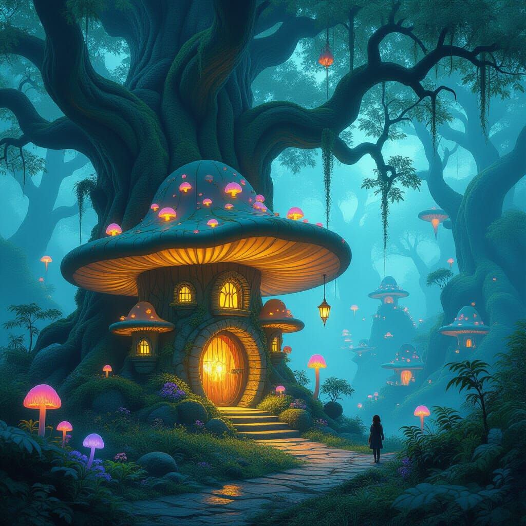 Bioluminescent Mushroom Village in Mystical Grove