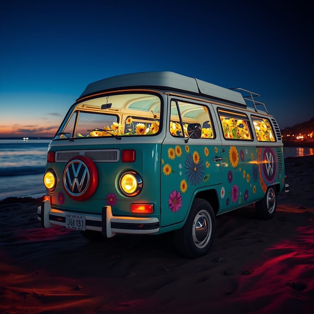 Psychedelic VW Van with Flowers at Night