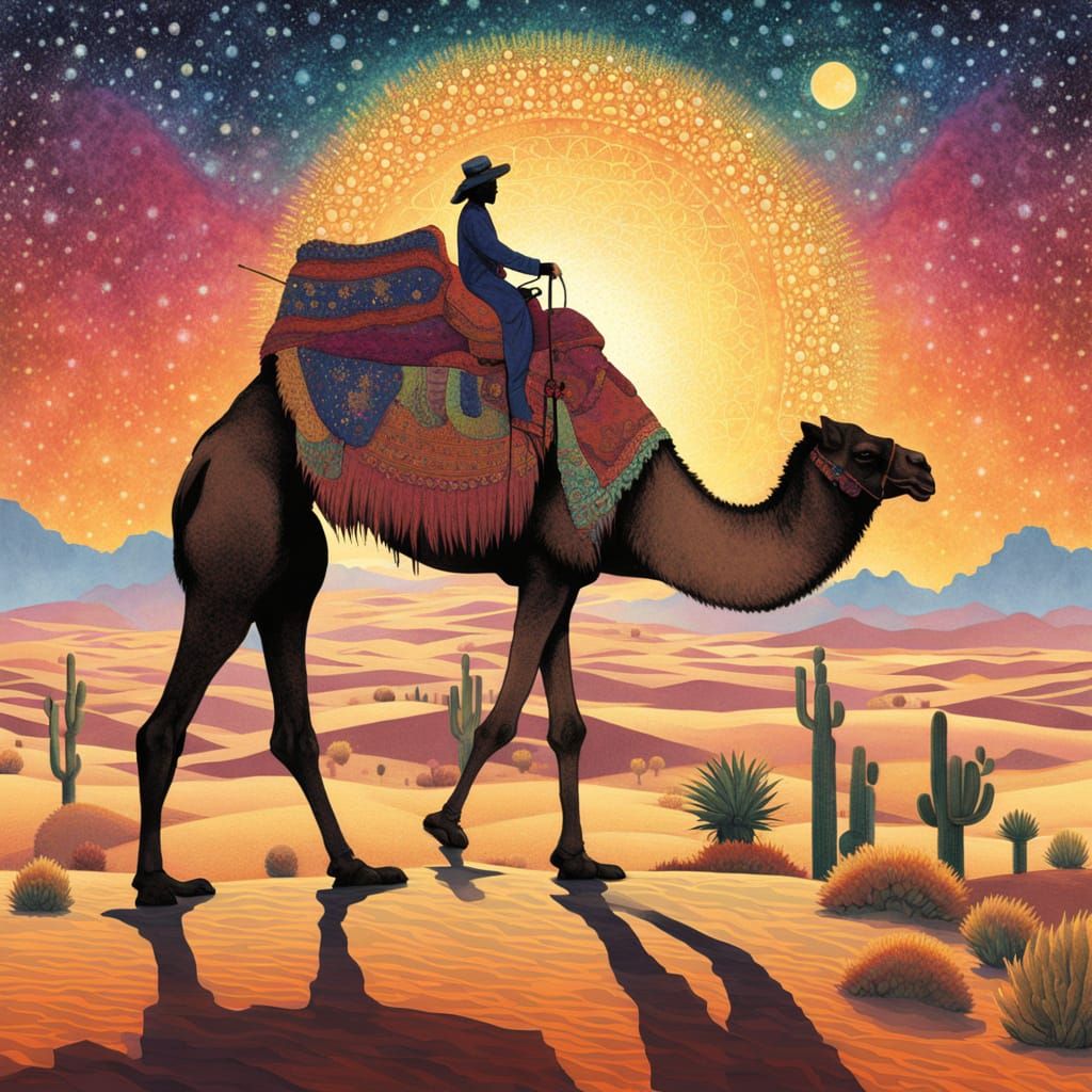 Desert Traveler Rides Camel Towards Miraged Oasis in Neo-Imp...