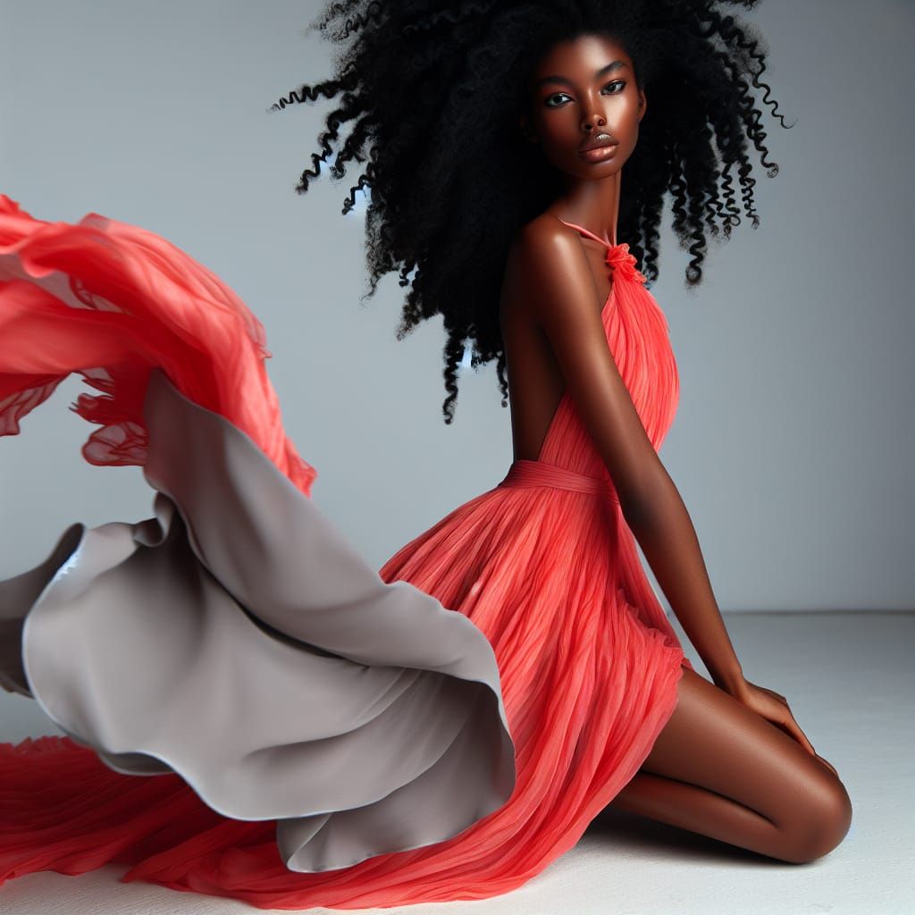 African American Model in Flowing Coral Dress