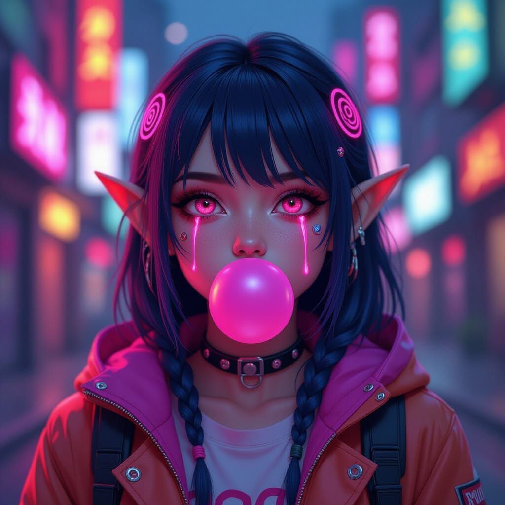 Cyberpunk Elf Girl in Kidcore Clothing Blows Neon Bubblegum