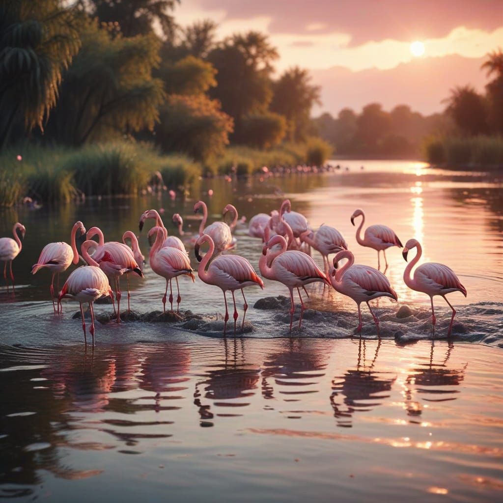 Pink Flamingos in Golden Light, Soft Focus Photography