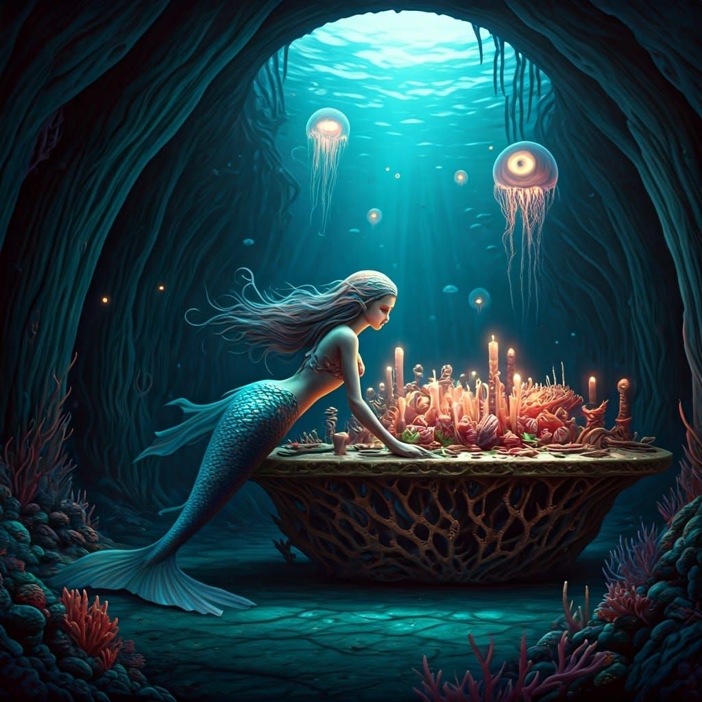 Surreal Underwater Feast in Iridescent Light
