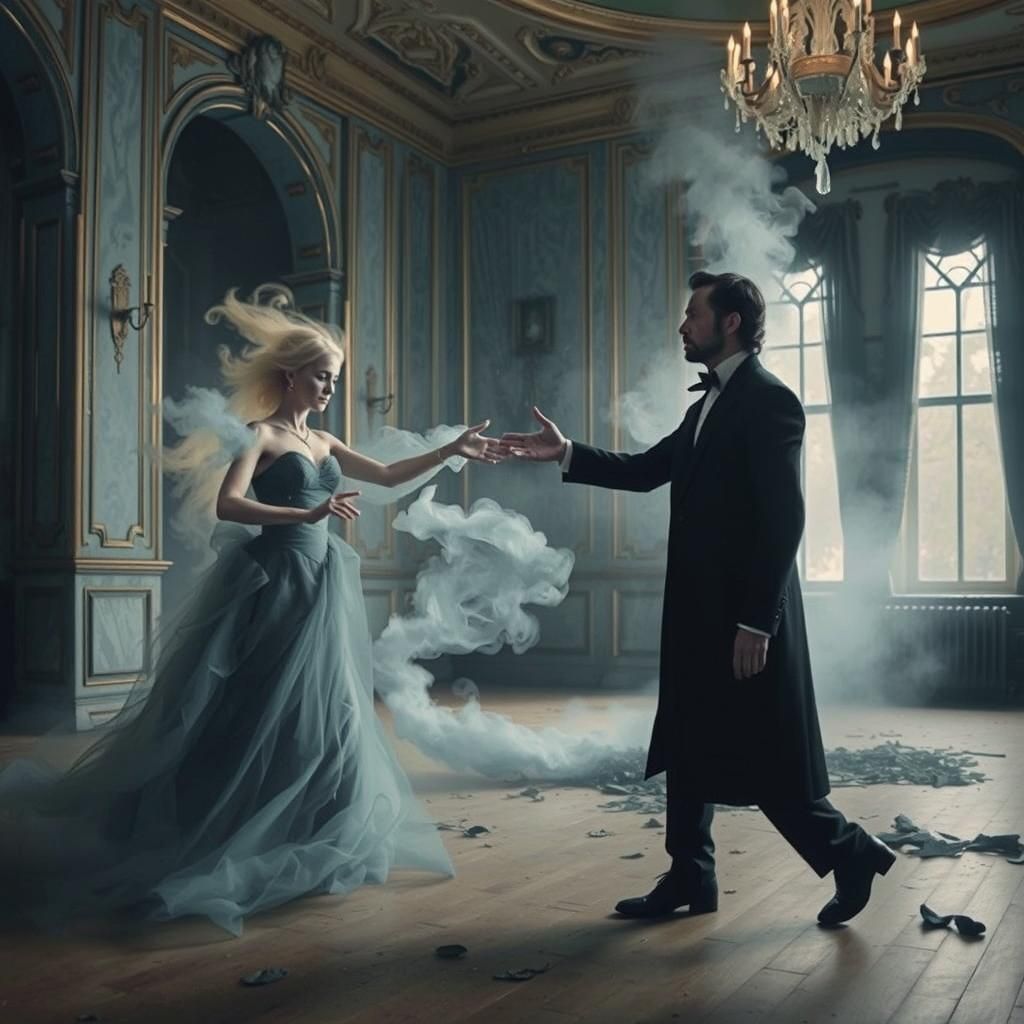 Crying Man Reaching for Smoke Woman in Ballroom