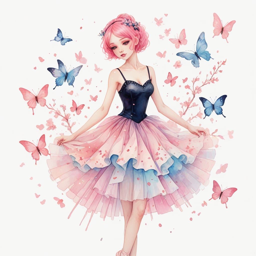 Whimsical Pink Ballerina Surrounded by Sakura Butterflies in...