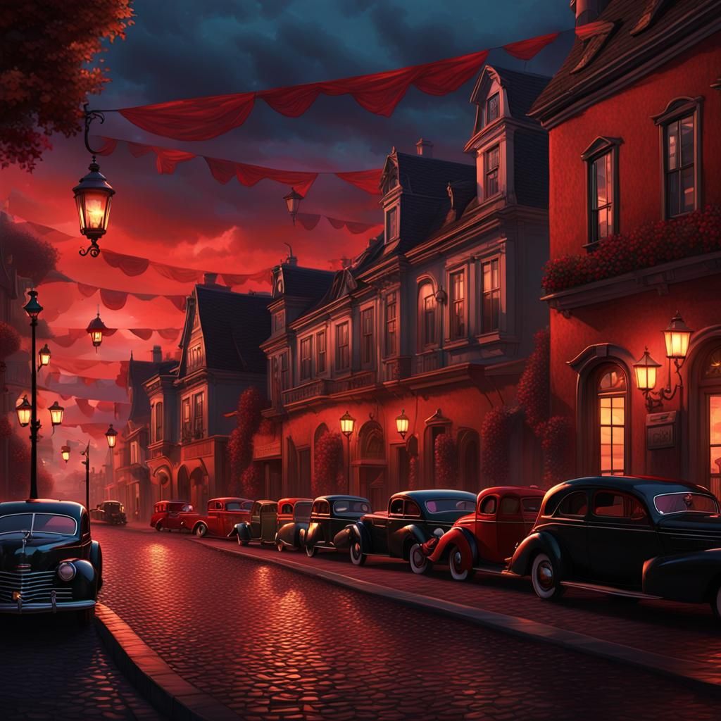 Baroque Neighborhood with Vintage Cars in Dark Fantasy Style