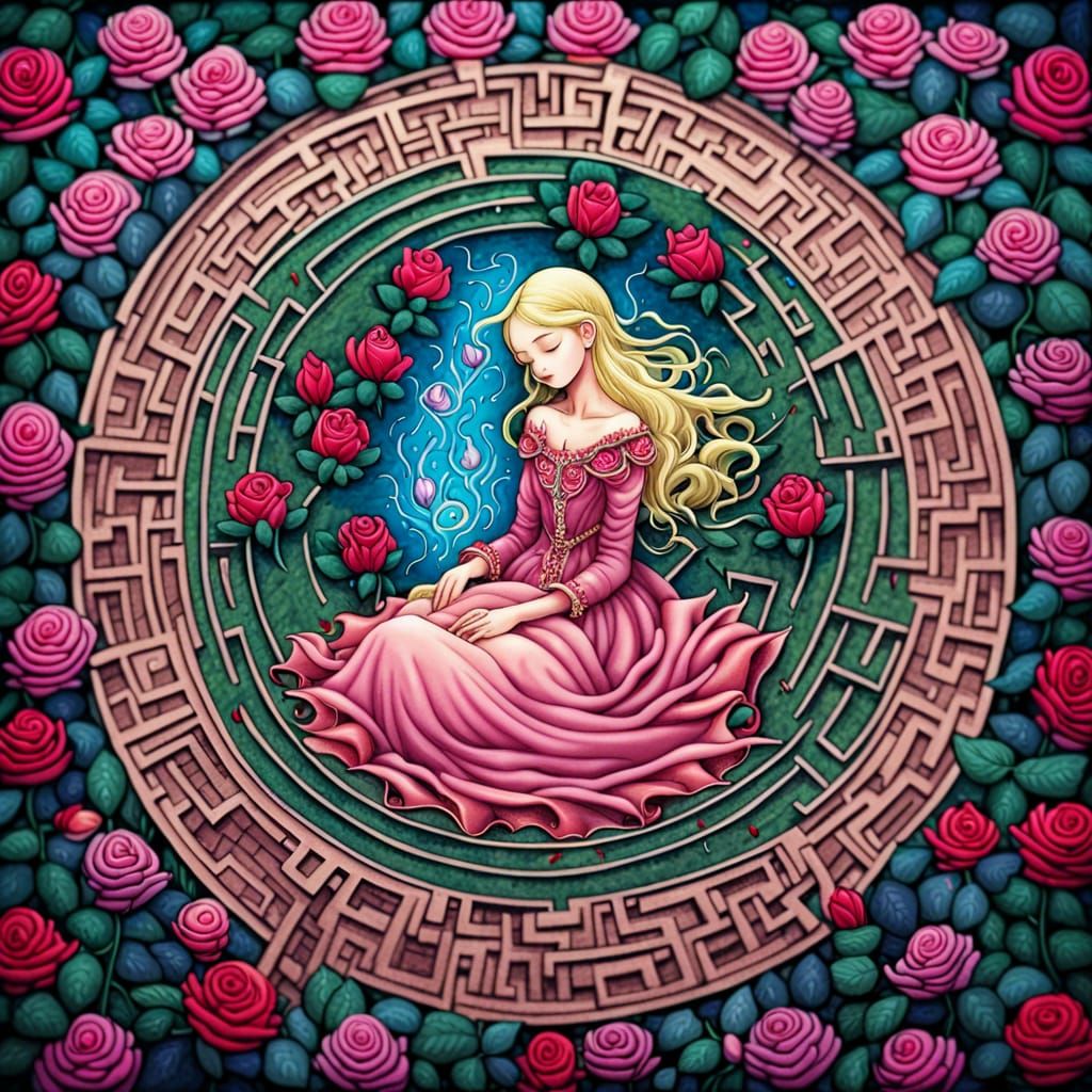 Sleeping Princess in Rose Maze, Fairytale Art