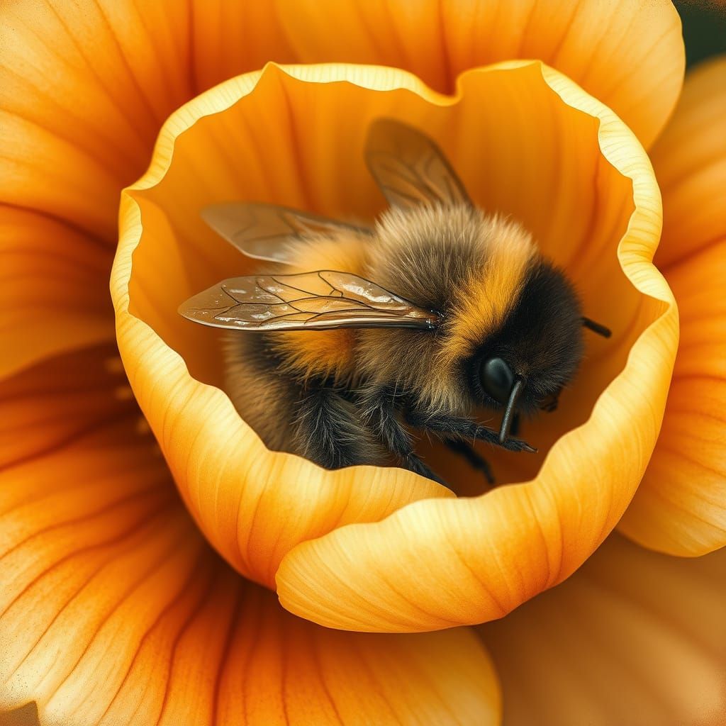 Sleeping Bumblebee in Snapdragon Flower, Folk Art