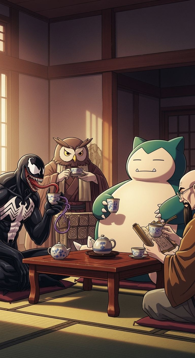 Venom, Snorlax, and Wan Shi Tong Share Tea