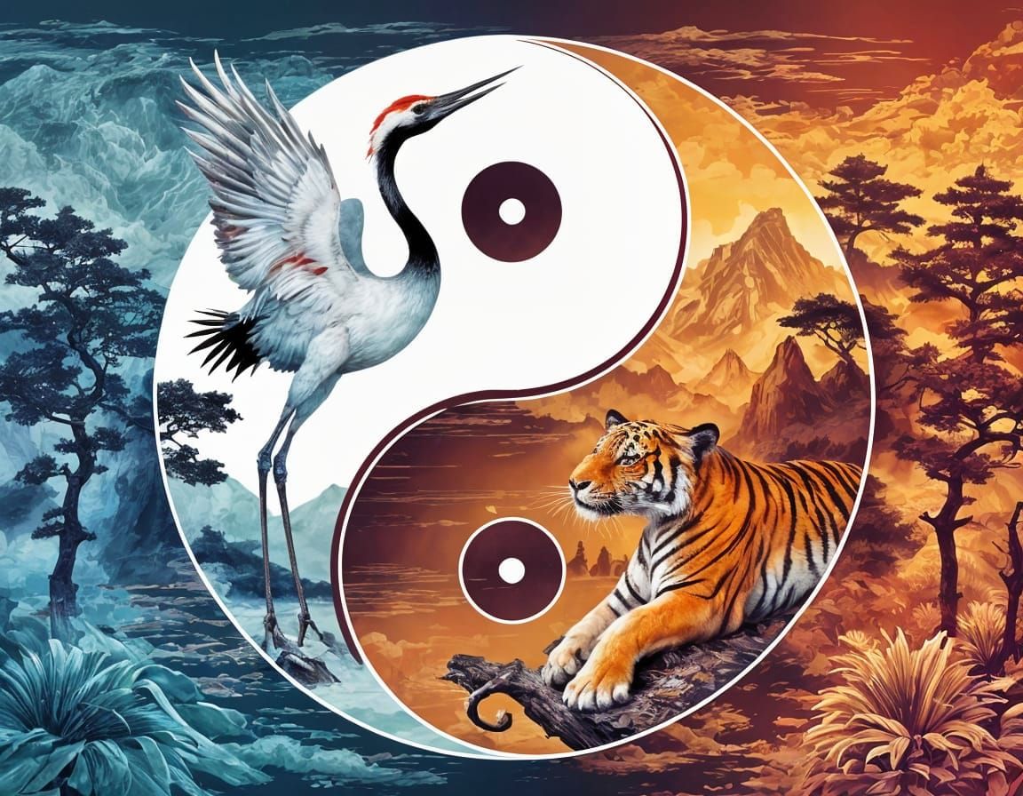 Crane and Tiger Yin Yang in Mixed Media Style